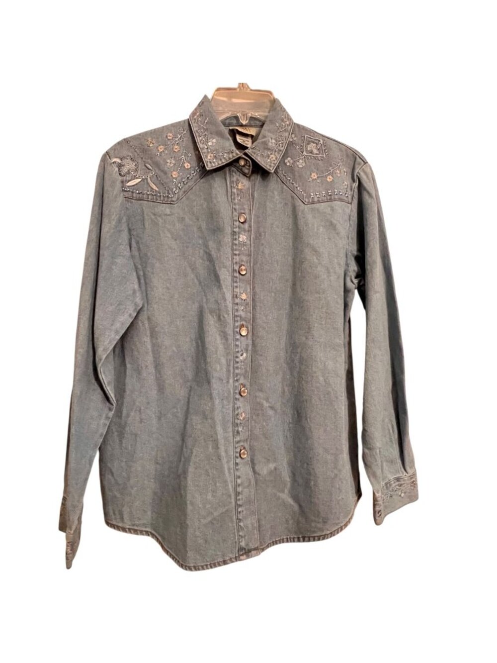 NWT Teddi Western Denim Pearl Button-Up Shirt Floral Embroidery Long Sleeves PS